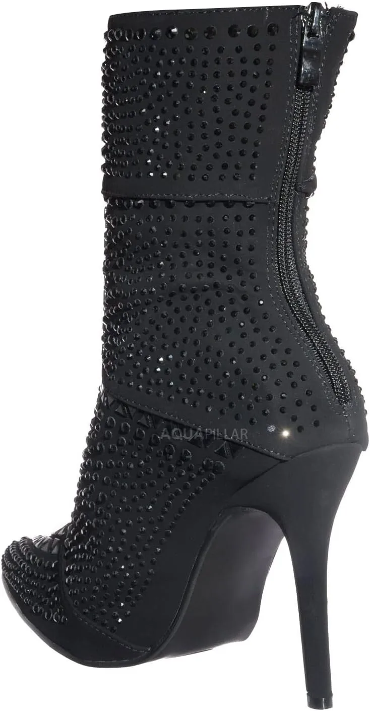 Rhinestone Studded Stiletto Bootie- Womens Crystal Ankle Height Boot