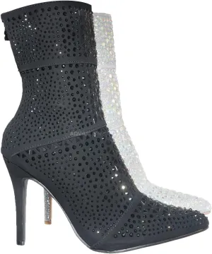 Rhinestone Studded Stiletto Bootie- Womens Crystal Ankle Height Boot