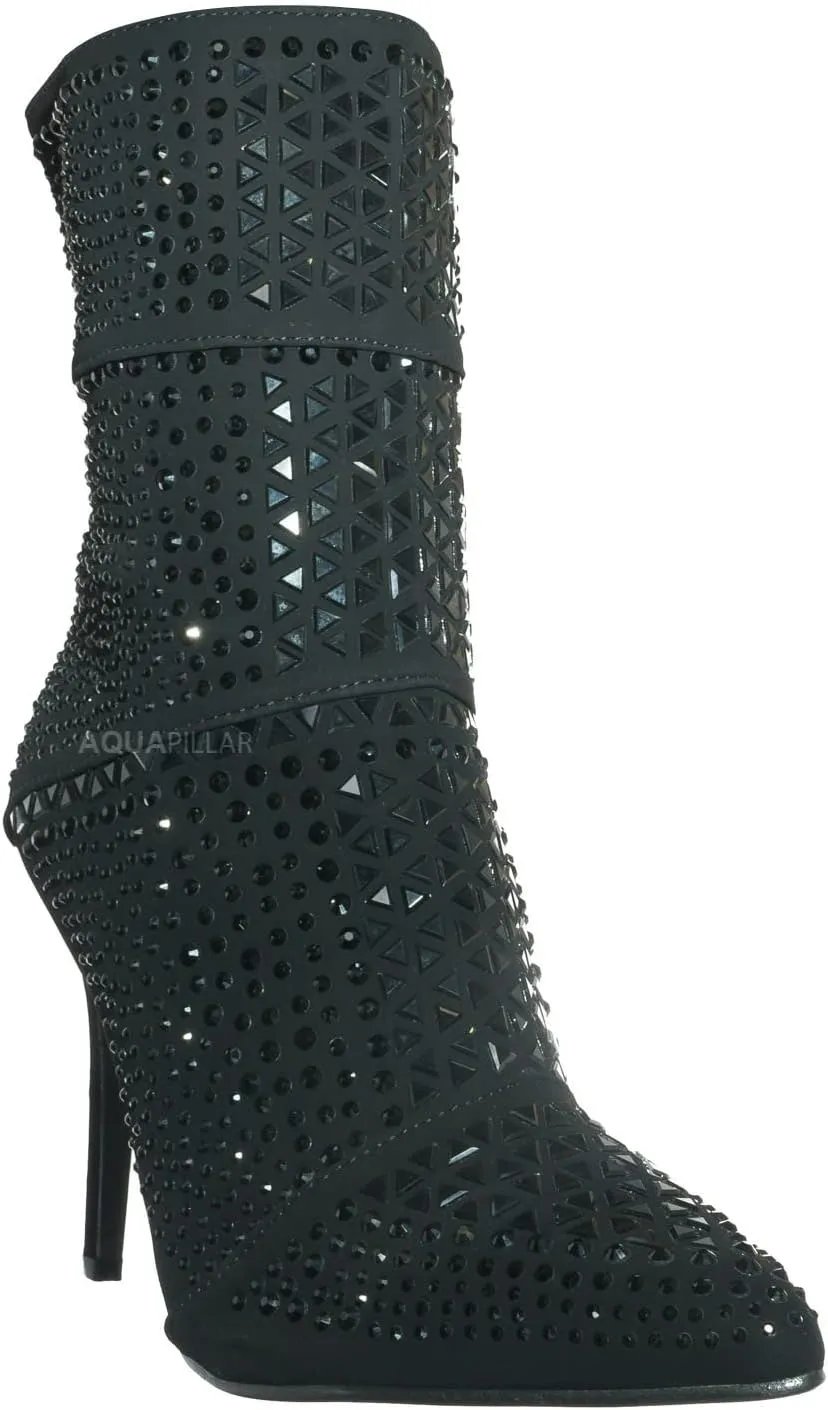 Rhinestone Studded Stiletto Bootie- Womens Crystal Ankle Height Boot