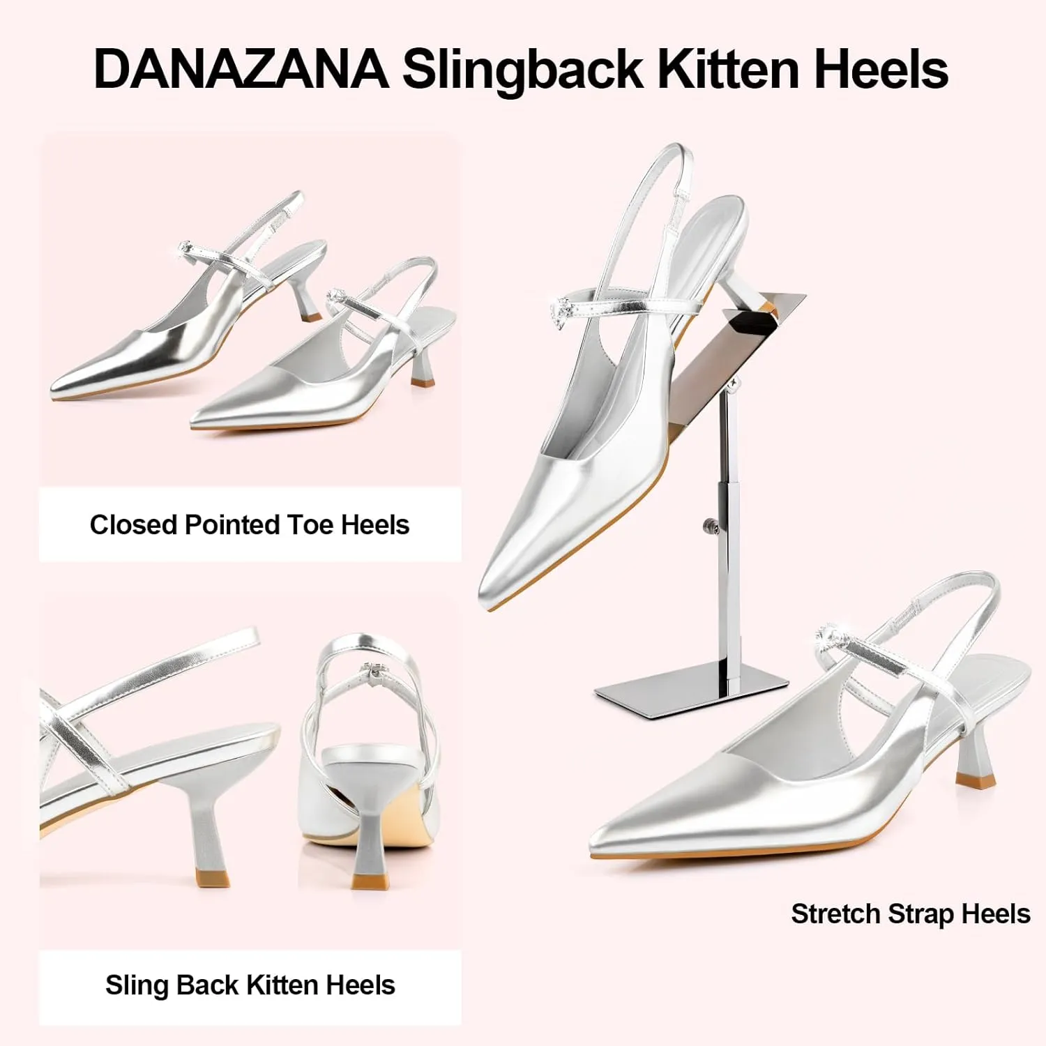 Rhinestones Slingback Heels Women Closed Pointed Toe Crystal Bridal Wedding Stiletto Pumps Shoes Slip On Sandals Buckle Strap Kitten Heels Size 6-10