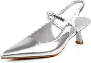 Rhinestones Slingback Heels Women Closed Pointed Toe Crystal Bridal Wedding Stiletto Pumps Shoes Slip On Sandals Buckle Strap Kitten Heels Size 6-10