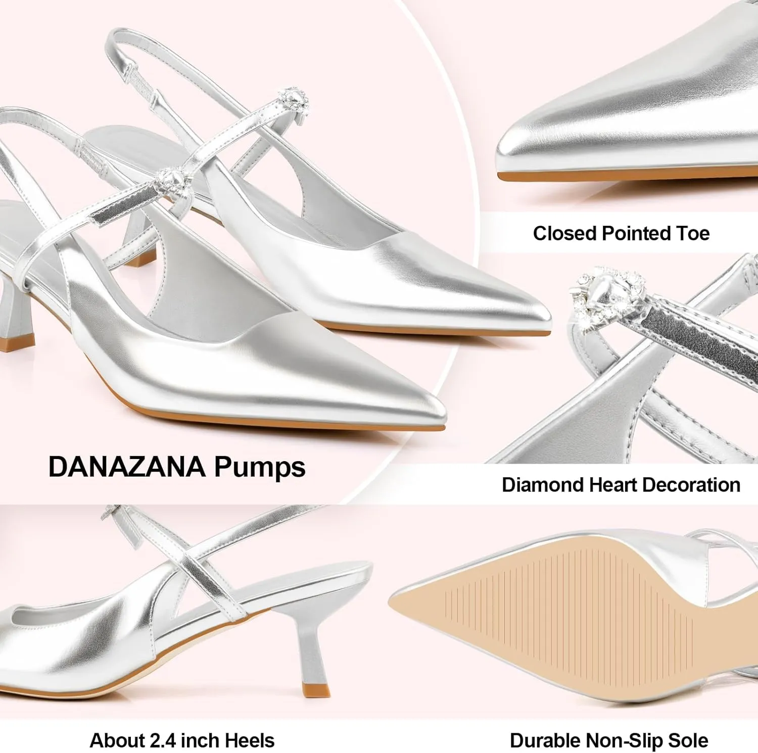 Rhinestones Slingback Heels Women Closed Pointed Toe Crystal Bridal Wedding Stiletto Pumps Shoes Slip On Sandals Buckle Strap Kitten Heels Size 6-10