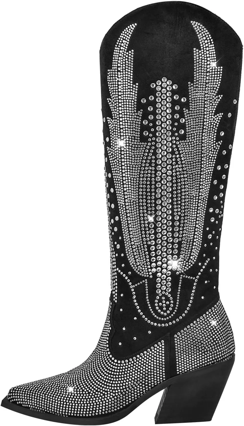 Richealnana Knee High Boots for Women Sparkle Rhinestones Clear Gems Flying Crystal Boots