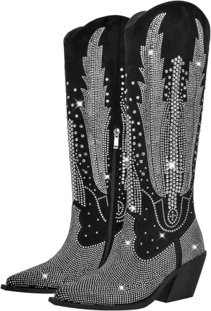 Richealnana Knee High Boots for Women Sparkle Rhinestones Clear Gems Flying Crystal Boots