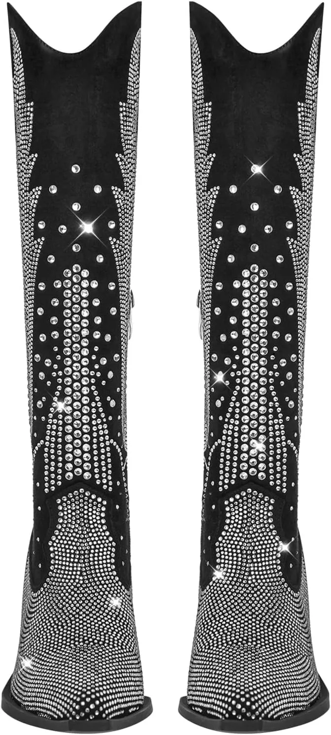 Richealnana Knee High Boots for Women Sparkle Rhinestones Clear Gems Flying Crystal Boots