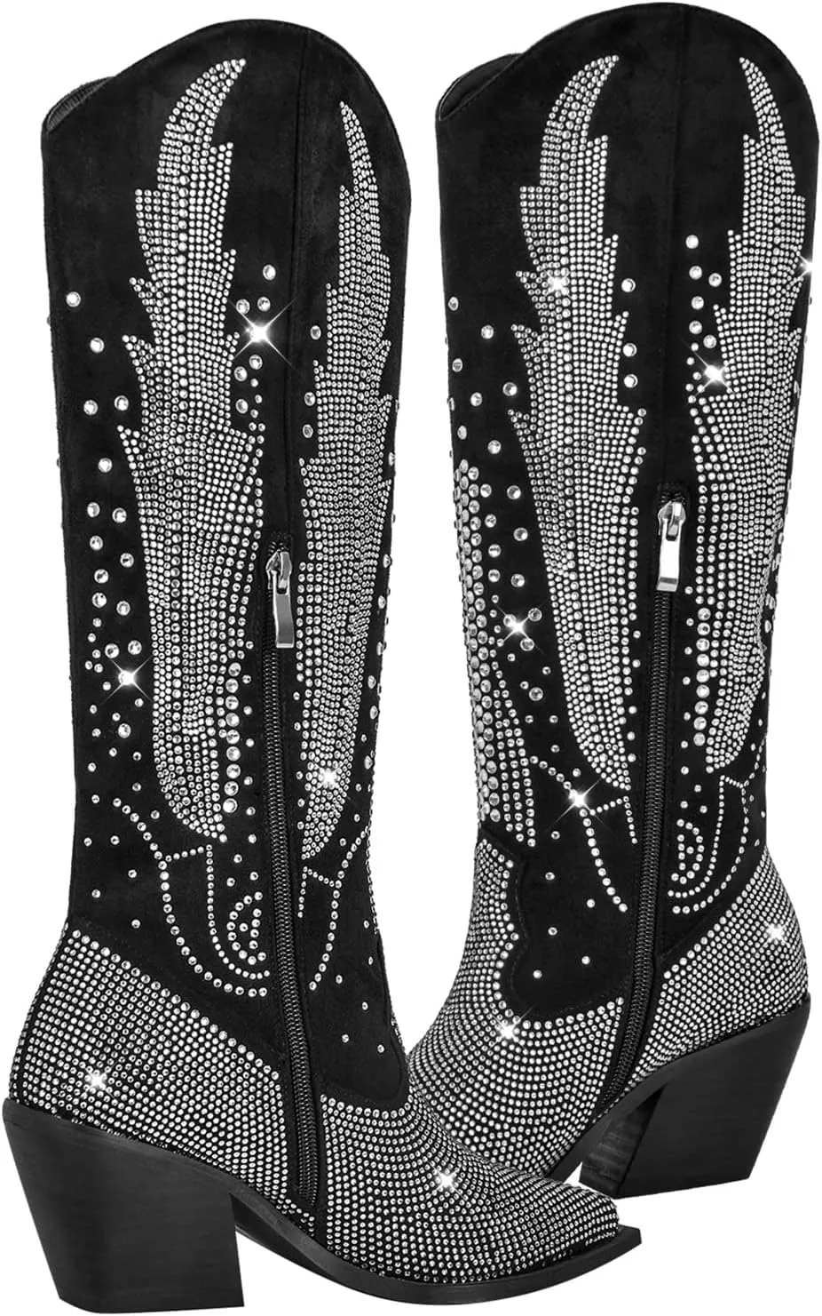 Richealnana Knee High Boots for Women Sparkle Rhinestones Clear Gems Flying Crystal Boots