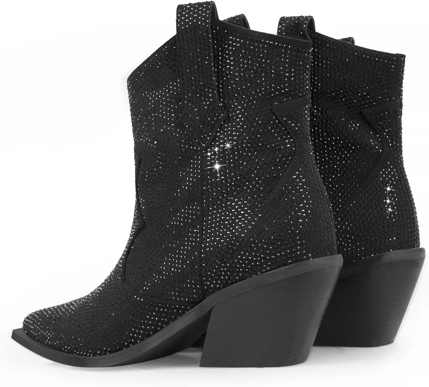 richealnini Sparkly Rhinestones Cowboy Cowgirl Stacked Heeled Ankle Boots with Tab Wedding Party Dressy