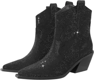 richealnini Sparkly Rhinestones Cowboy Cowgirl Stacked Heeled Ankle Boots with Tab Wedding Party Dressy