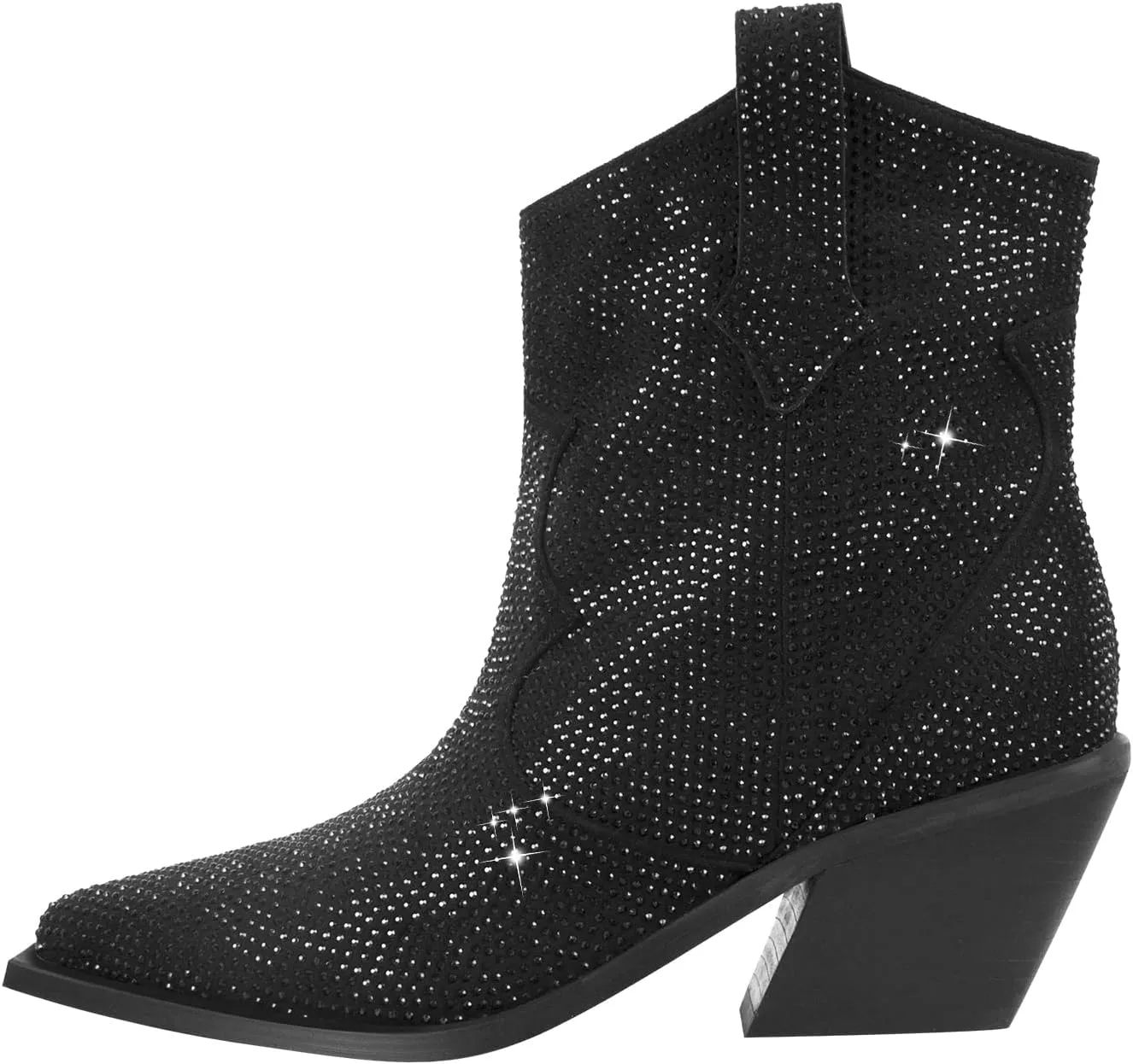 richealnini Sparkly Rhinestones Cowboy Cowgirl Stacked Heeled Ankle Boots with Tab Wedding Party Dressy