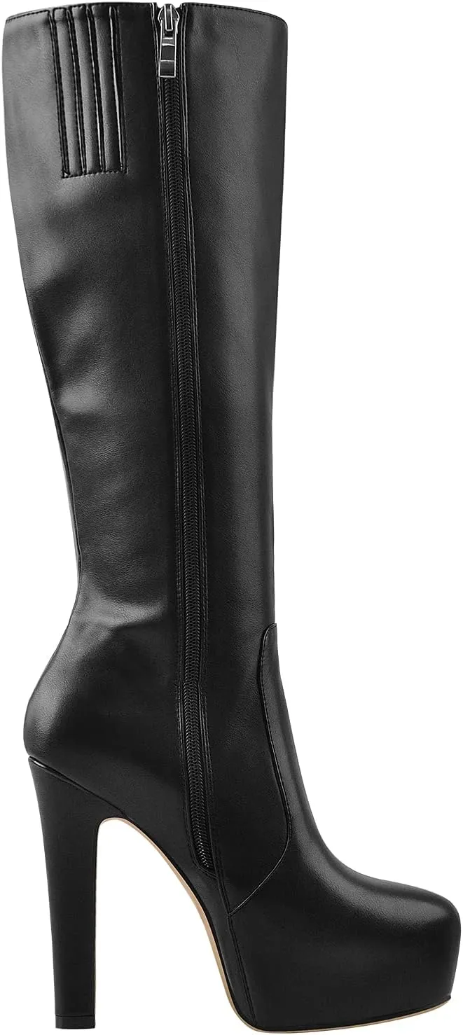 richealnini Women's Low Platform Block High Heel Mid Calf Boots with Zipper