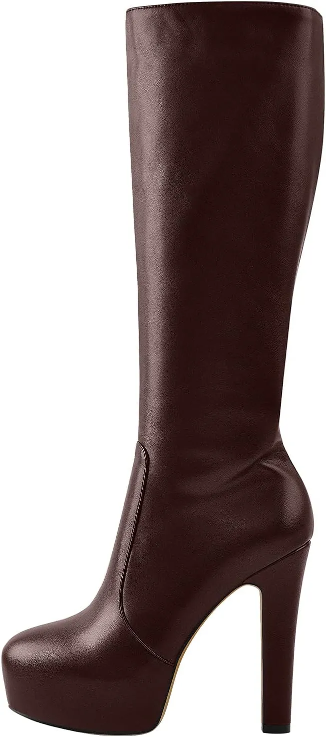 richealnini Women's Low Platform Block High Heel Mid Calf Boots with Zipper