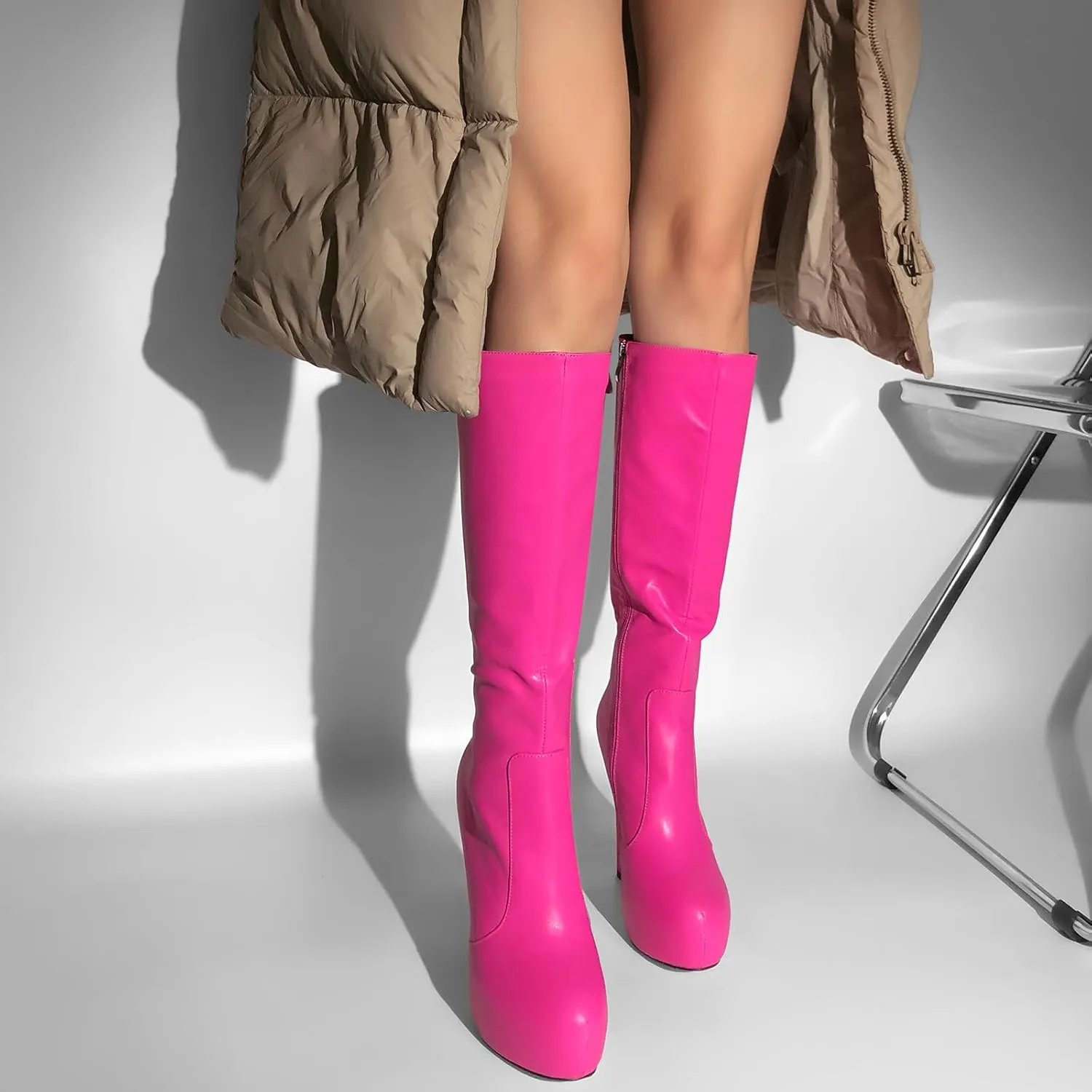 richealnini Women's Low Platform Block High Heel Mid Calf Boots with Zipper