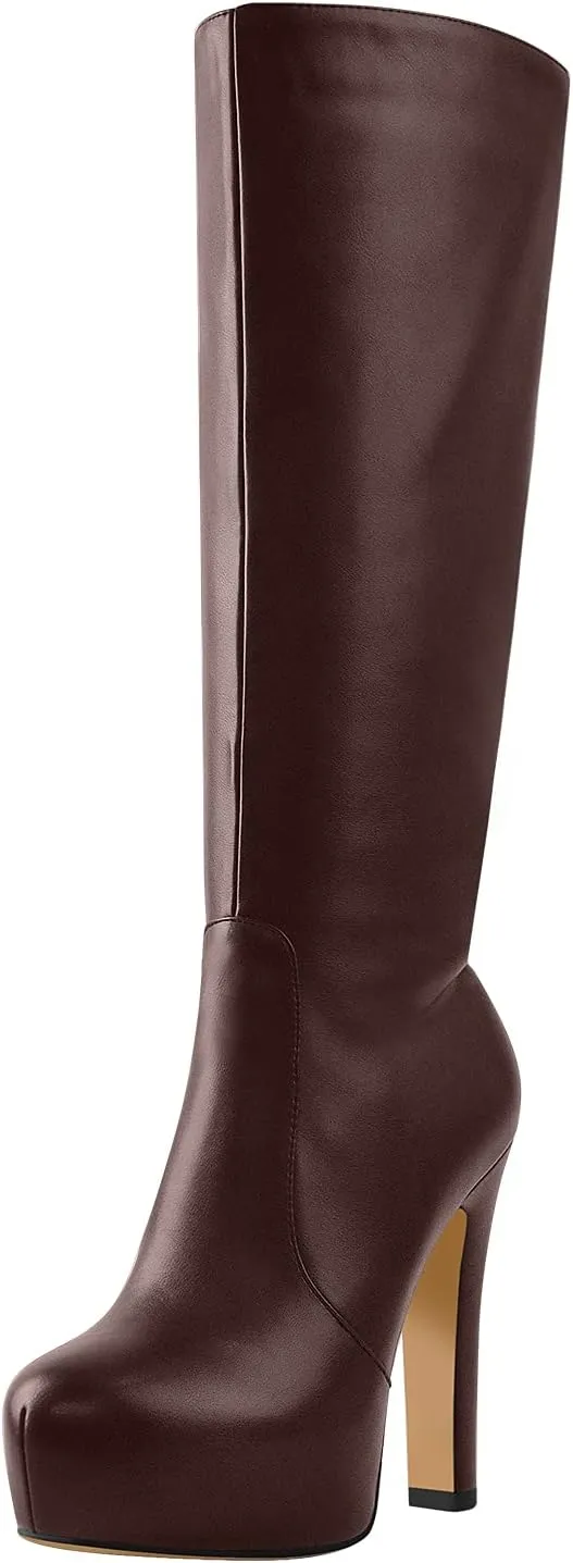 richealnini Women's Low Platform Block High Heel Mid Calf Boots with Zipper
