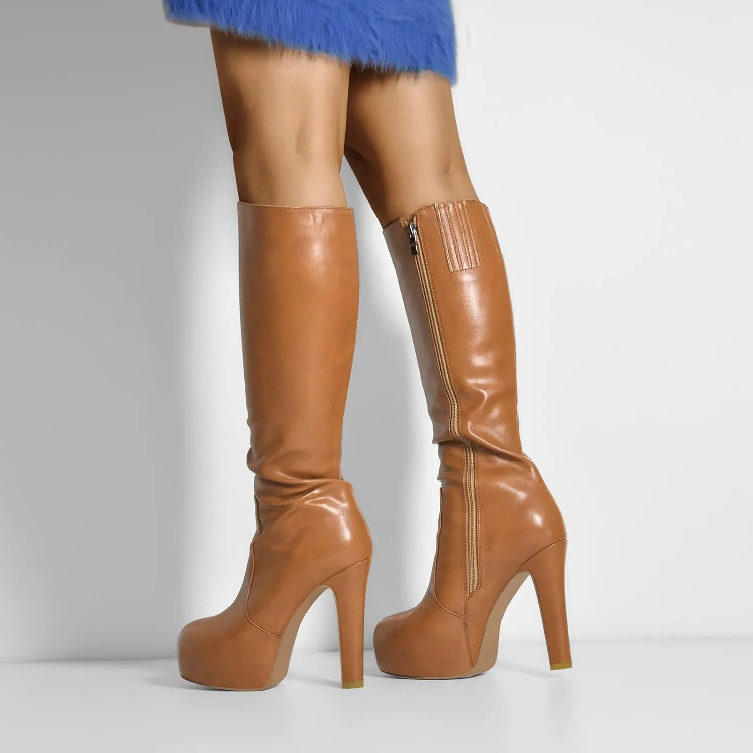 richealnini Women's Low Platform Block High Heel Mid Calf Boots with Zipper