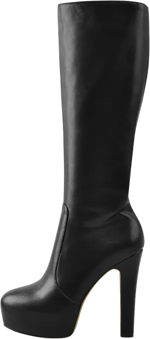 richealnini Women's Low Platform Block High Heel Mid Calf Boots with Zipper