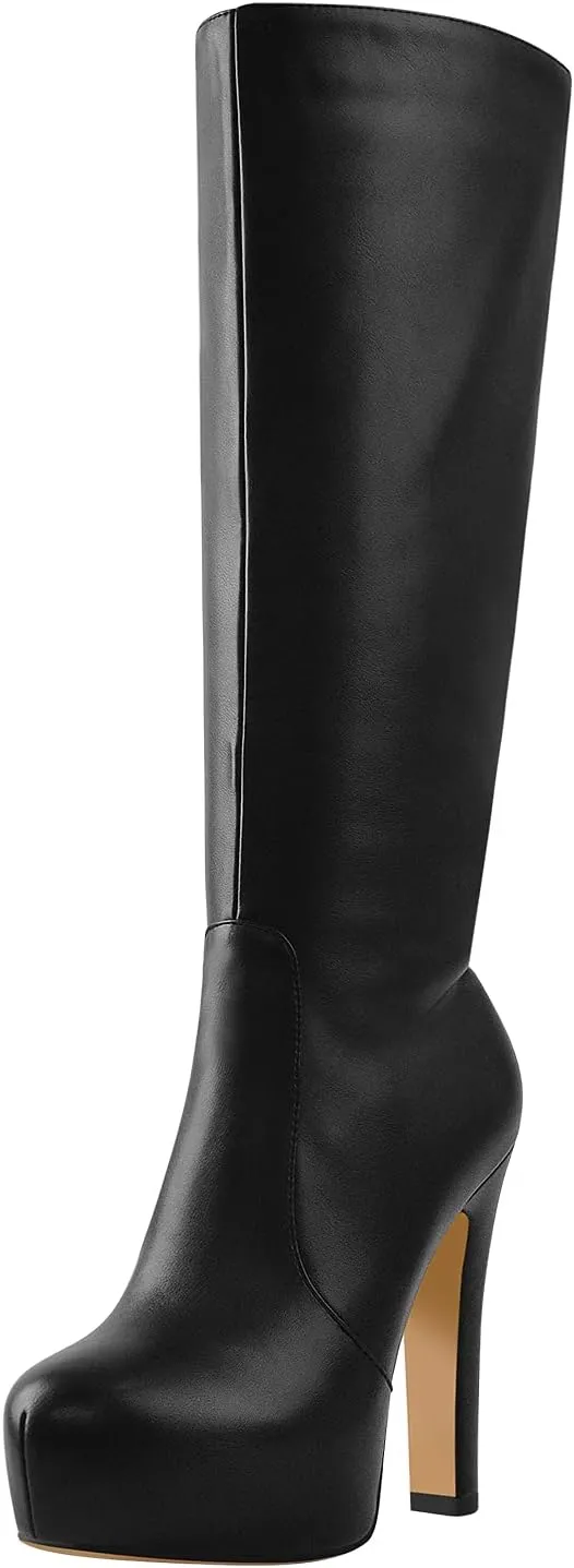richealnini Women's Low Platform Block High Heel Mid Calf Boots with Zipper