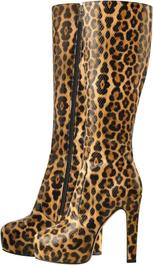 richealnini Women's Low Platform Block High Heel Mid Calf Boots with Zipper