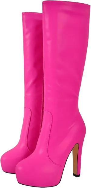 richealnini Women's Low Platform Block High Heel Mid Calf Boots with Zipper