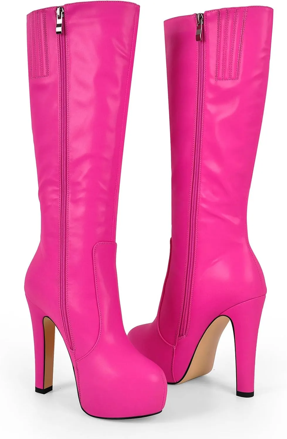 richealnini Women's Low Platform Block High Heel Mid Calf Boots with Zipper