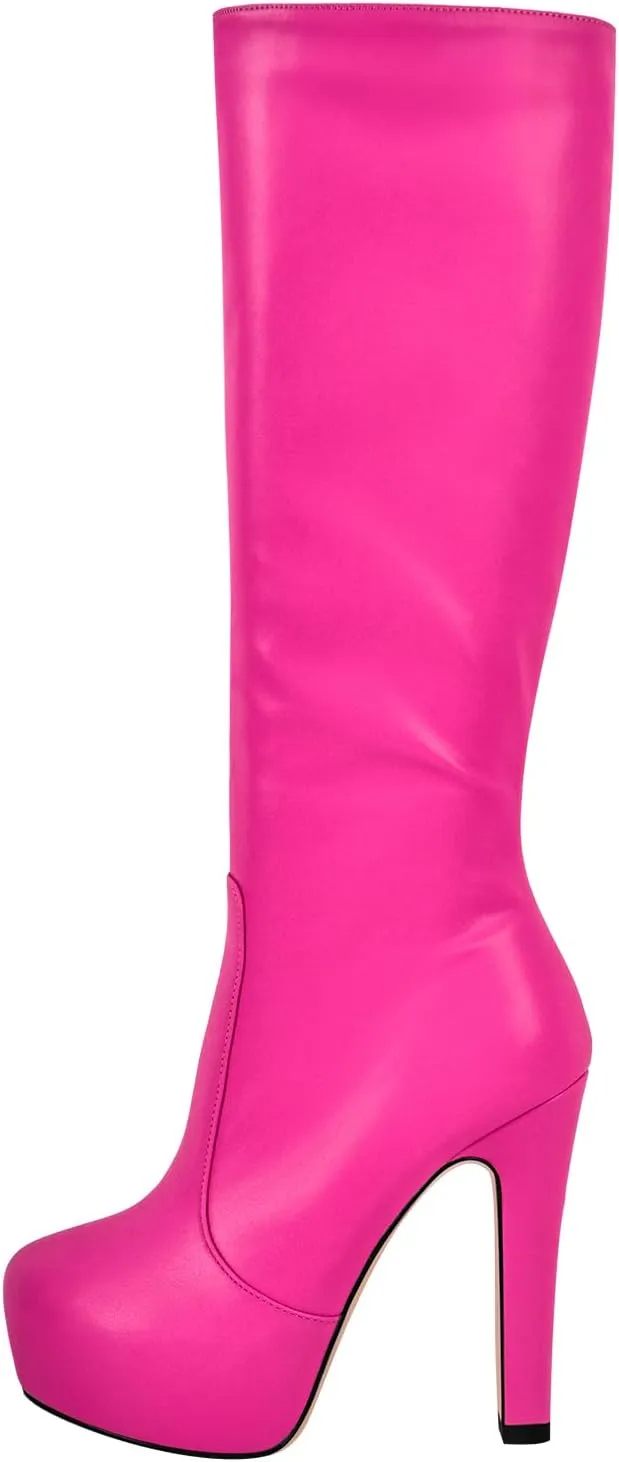 richealnini Women's Low Platform Block High Heel Mid Calf Boots with Zipper