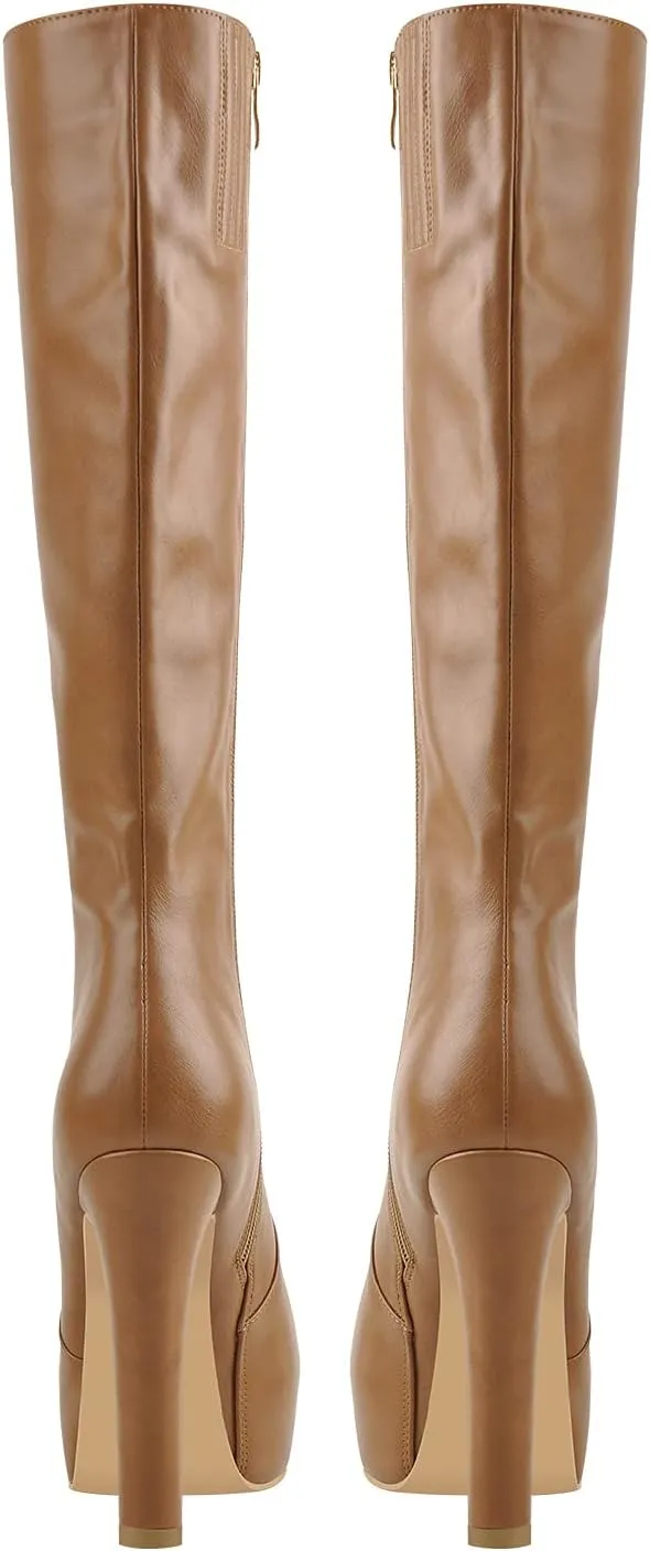richealnini Women's Low Platform Block High Heel Mid Calf Boots with Zipper