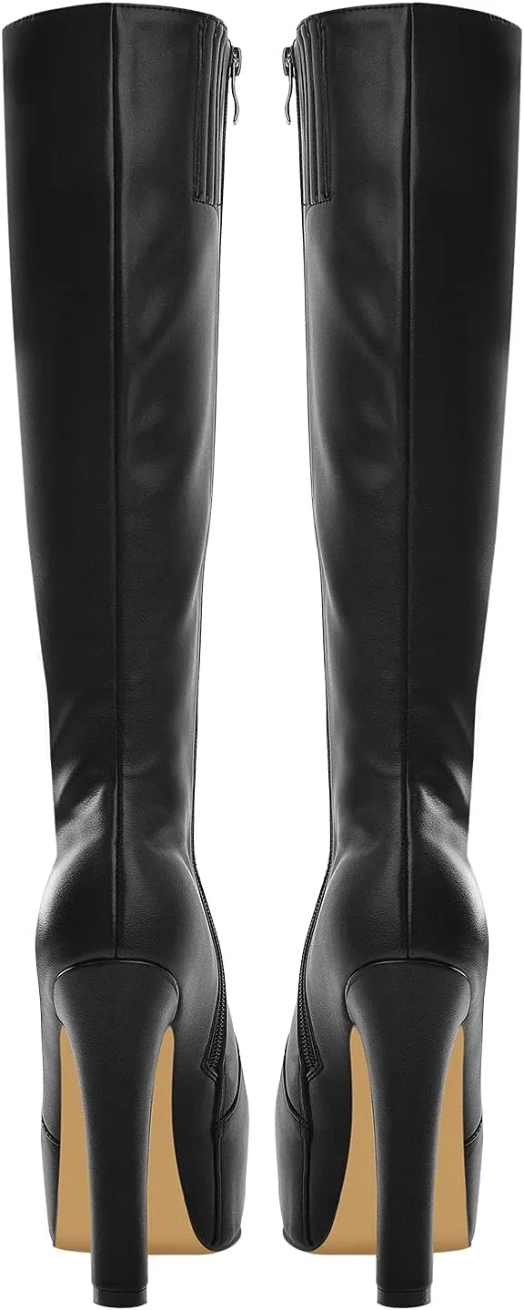 richealnini Women's Low Platform Block High Heel Mid Calf Boots with Zipper