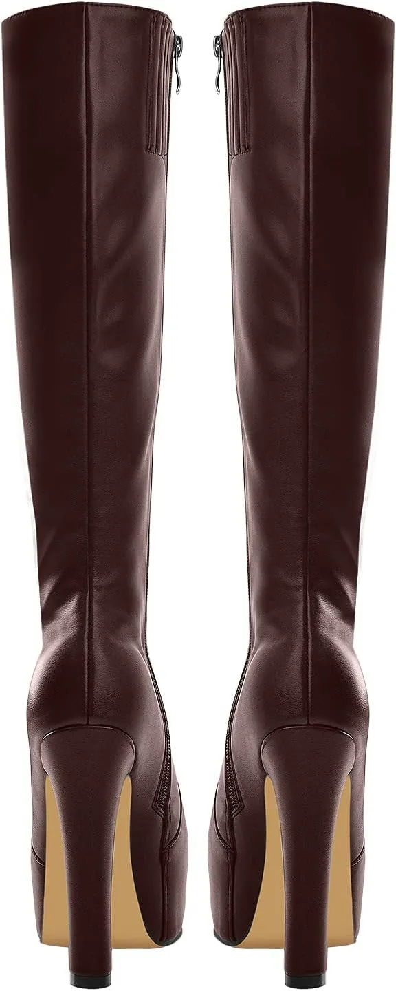 richealnini Women's Low Platform Block High Heel Mid Calf Boots with Zipper