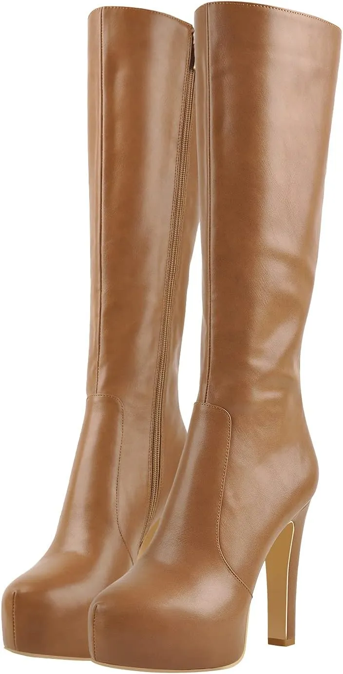 richealnini Women's Low Platform Block High Heel Mid Calf Boots with Zipper