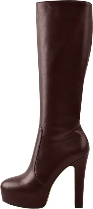 richealnini Women's Low Platform Block High Heel Mid Calf Boots with Zipper