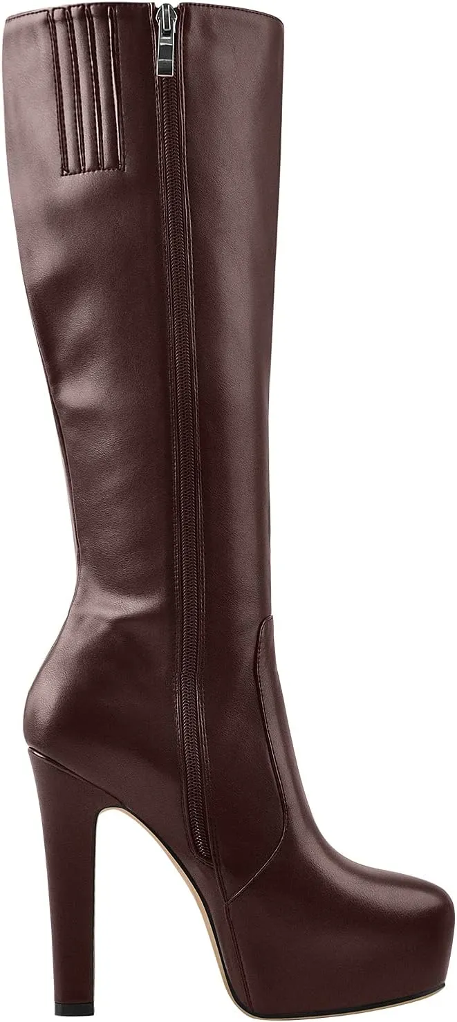 richealnini Women's Low Platform Block High Heel Mid Calf Boots with Zipper