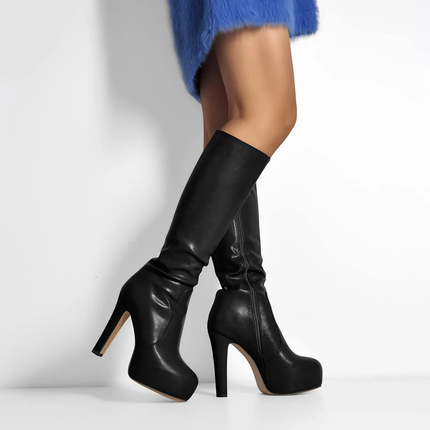 richealnini Women's Low Platform Block High Heel Mid Calf Boots with Zipper