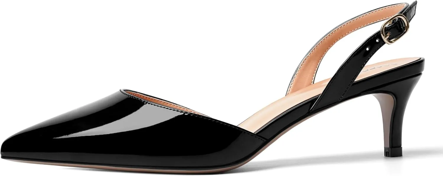 ROSERWISH Womens Buckle Pointed Toe Dress Fashion Backstrap Dating Patent Kitten Low Heel Pumps Shoes 2 Inch