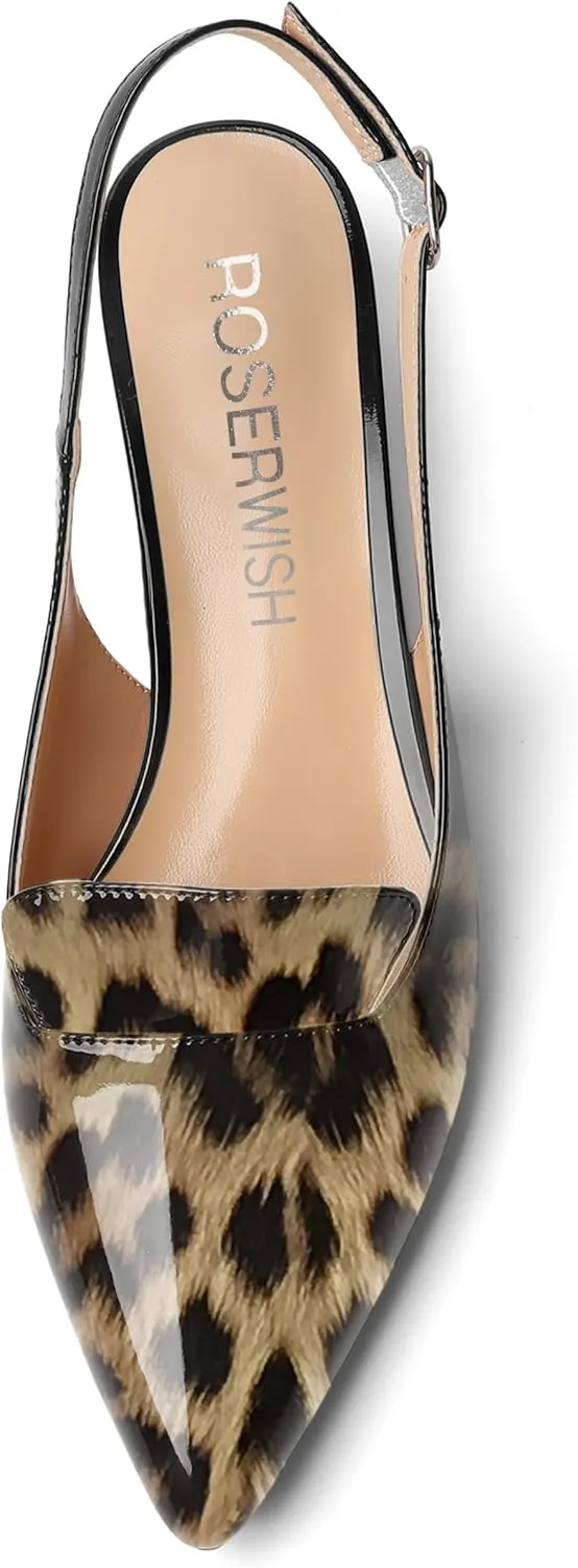 ROSERWISH Womens Buckle Work Pointed Toe Casual Patent Fashion Slingback Chunky Low Heel Pumps Dress Shoes 1.5 Inch