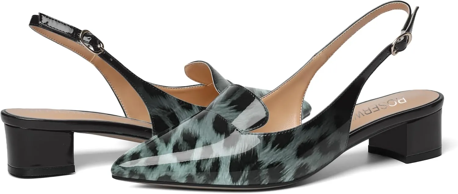 ROSERWISH Womens Buckle Work Pointed Toe Casual Patent Fashion Slingback Chunky Low Heel Pumps Dress Shoes 1.5 Inch