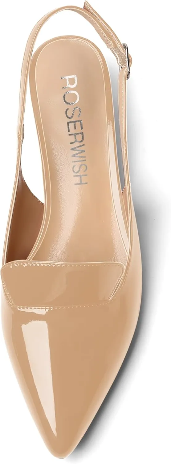 ROSERWISH Womens Buckle Work Pointed Toe Casual Patent Fashion Slingback Chunky Low Heel Pumps Dress Shoes 1.5 Inch