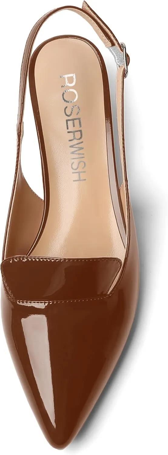 ROSERWISH Womens Buckle Work Pointed Toe Casual Patent Fashion Slingback Chunky Low Heel Pumps Dress Shoes 1.5 Inch