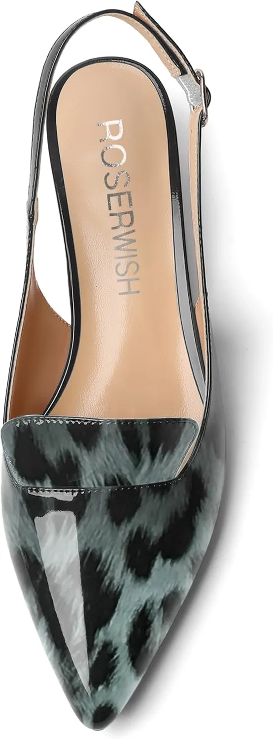 ROSERWISH Womens Buckle Work Pointed Toe Casual Patent Fashion Slingback Chunky Low Heel Pumps Dress Shoes 1.5 Inch