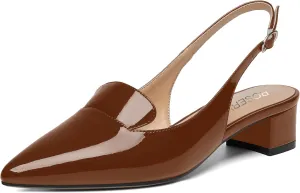 ROSERWISH Womens Buckle Work Pointed Toe Casual Patent Fashion Slingback Chunky Low Heel Pumps Dress Shoes 1.5 Inch