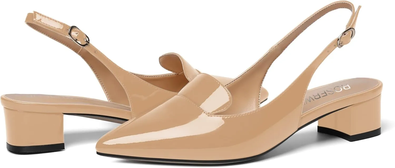 ROSERWISH Womens Buckle Work Pointed Toe Casual Patent Fashion Slingback Chunky Low Heel Pumps Dress Shoes 1.5 Inch