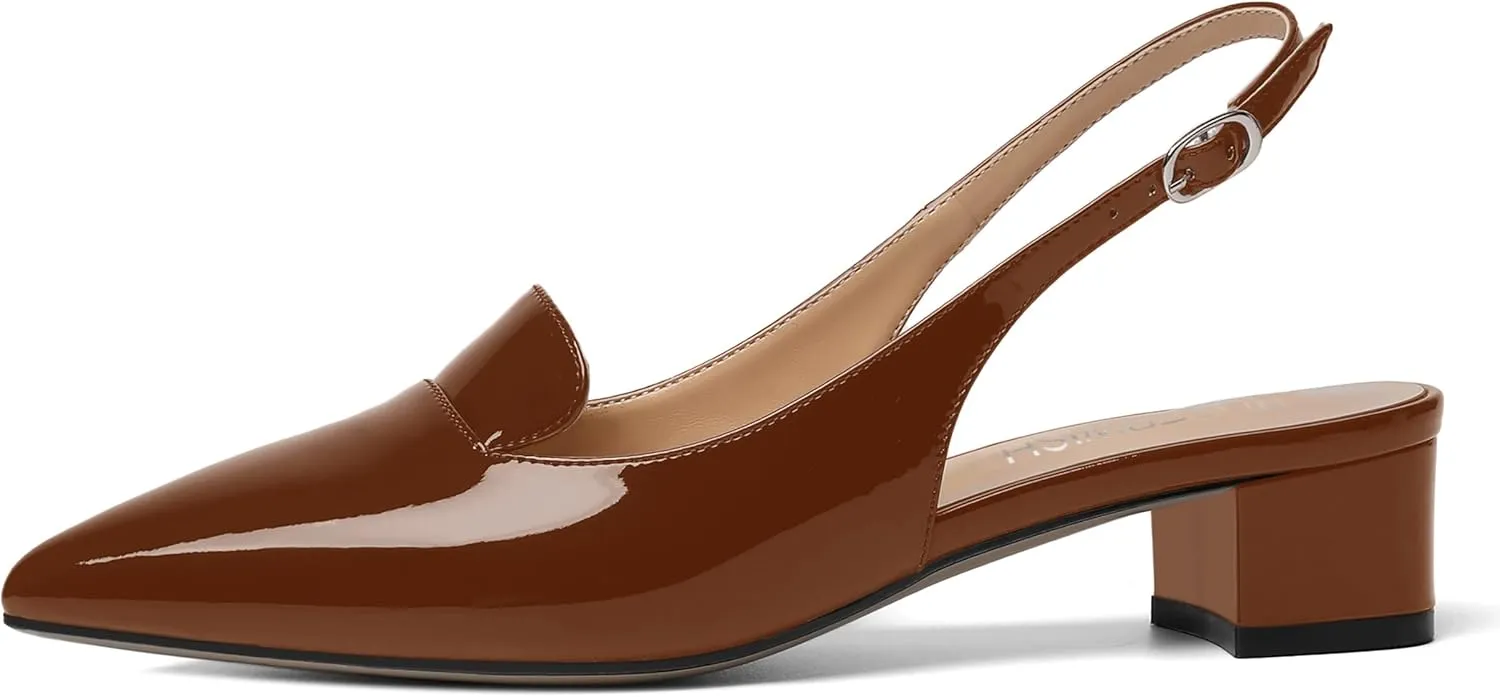ROSERWISH Womens Buckle Work Pointed Toe Casual Patent Fashion Slingback Chunky Low Heel Pumps Dress Shoes 1.5 Inch