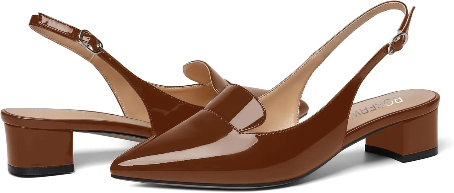 ROSERWISH Womens Buckle Work Pointed Toe Casual Patent Fashion Slingback Chunky Low Heel Pumps Dress Shoes 1.5 Inch