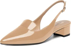 ROSERWISH Womens Buckle Work Pointed Toe Casual Patent Fashion Slingback Chunky Low Heel Pumps Dress Shoes 1.5 Inch