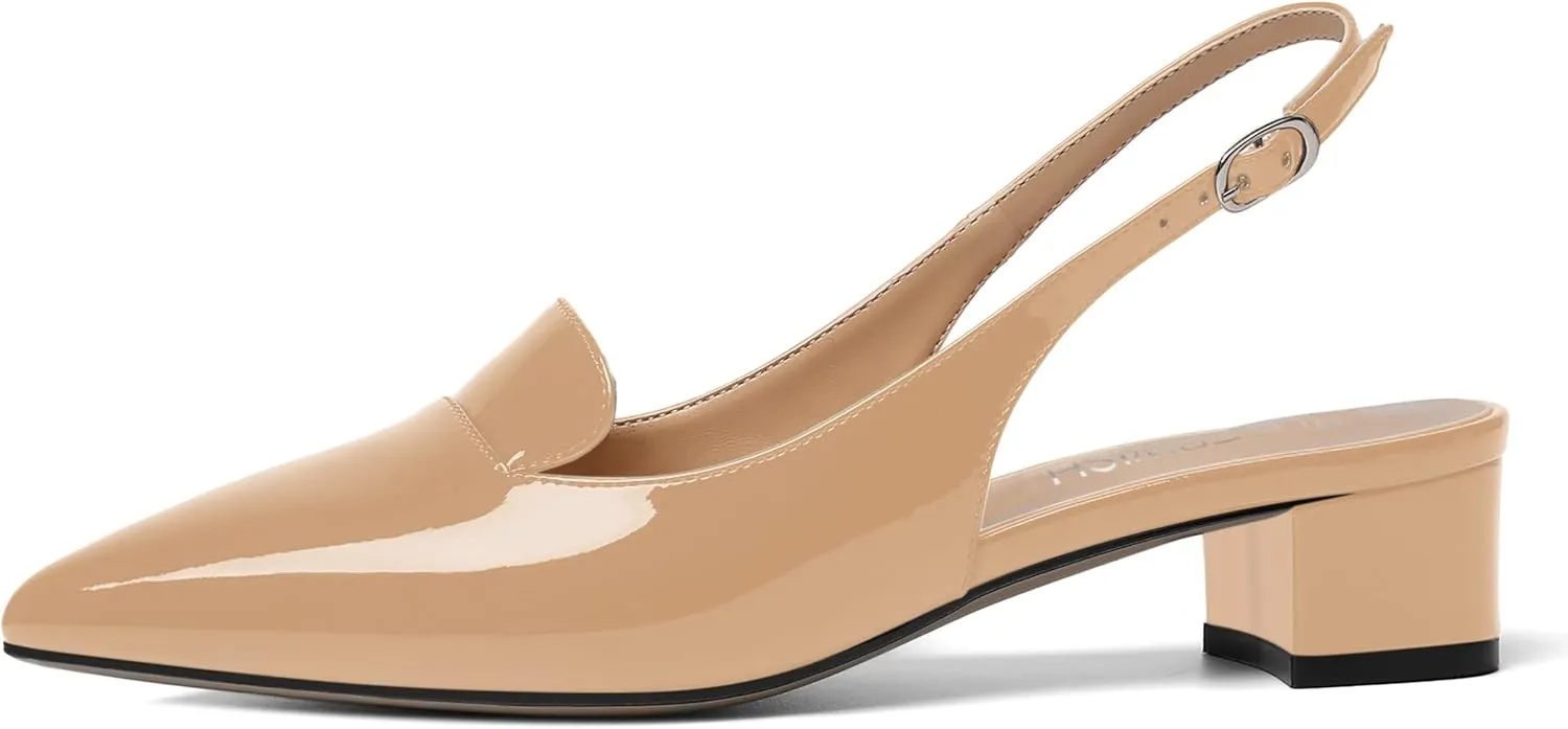 ROSERWISH Womens Buckle Work Pointed Toe Casual Patent Fashion Slingback Chunky Low Heel Pumps Dress Shoes 1.5 Inch