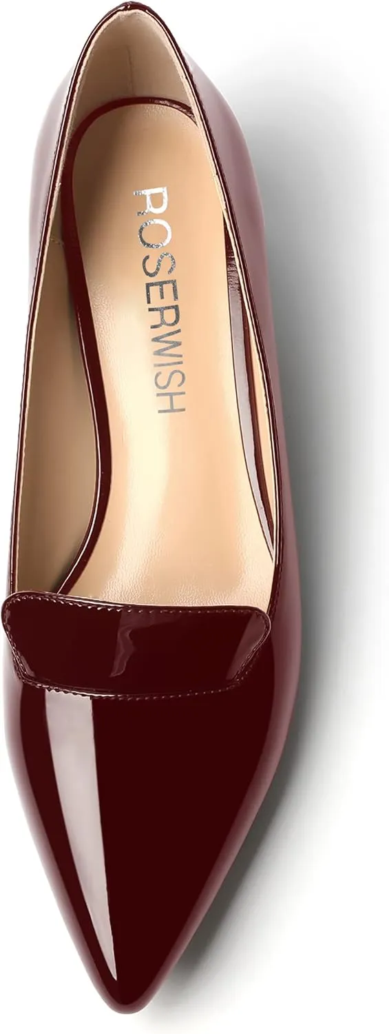 ROSERWISH Womens Slip On Patent Pointed Toe Casual Fashion Work Chunky Low Heel Pumps Shoes 1.5 Inch