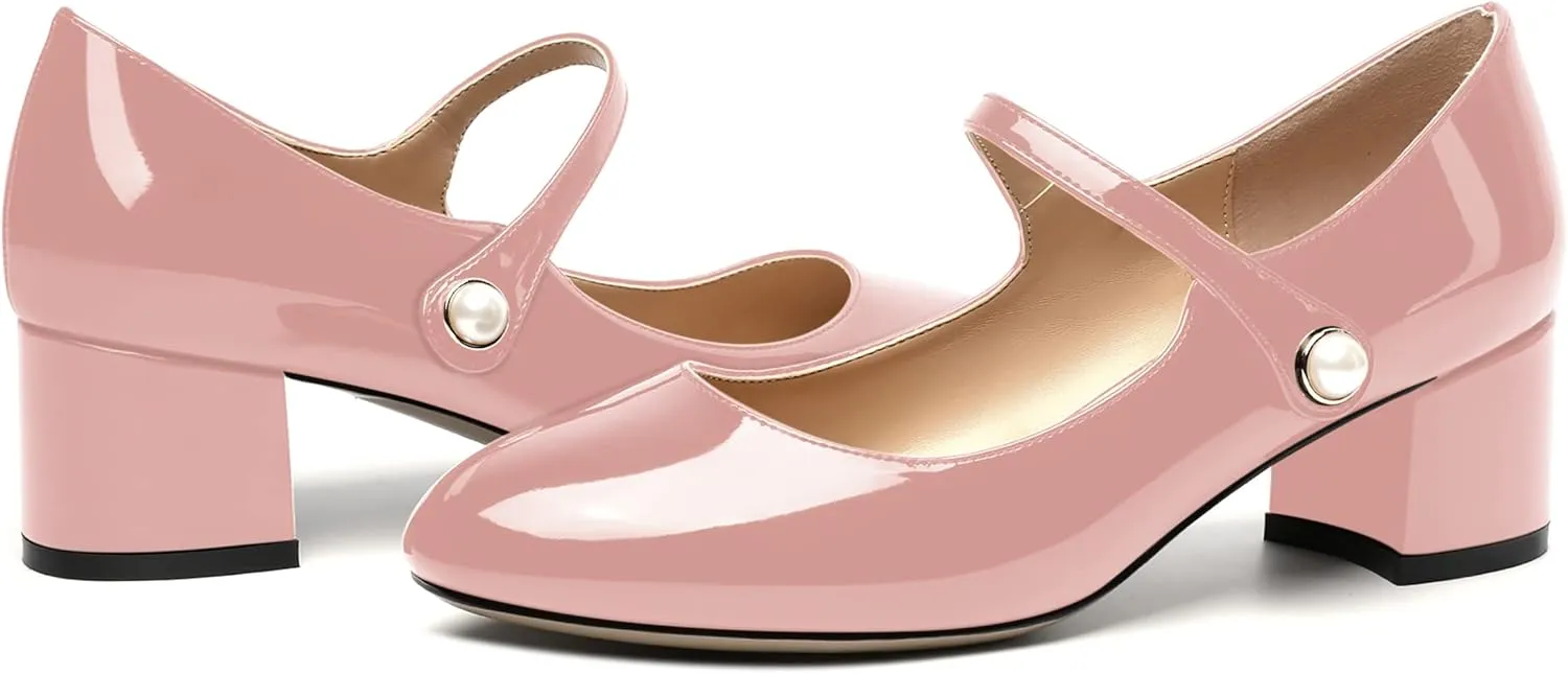 ROSERWISH Womens Strap Patent Ankle Strap Uniform Cute Round Toe Chunky Low Heel Pumps Shoes 2 Inch