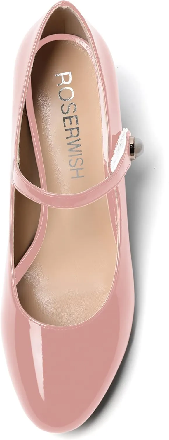 ROSERWISH Womens Strap Patent Ankle Strap Uniform Cute Round Toe Chunky Low Heel Pumps Shoes 2 Inch