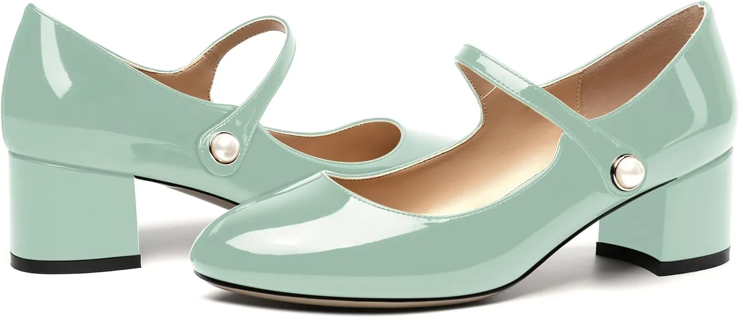 ROSERWISH Womens Strap Patent Ankle Strap Uniform Cute Round Toe Chunky Low Heel Pumps Shoes 2 Inch
