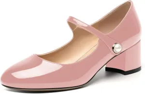 ROSERWISH Womens Strap Patent Ankle Strap Uniform Cute Round Toe Chunky Low Heel Pumps Shoes 2 Inch