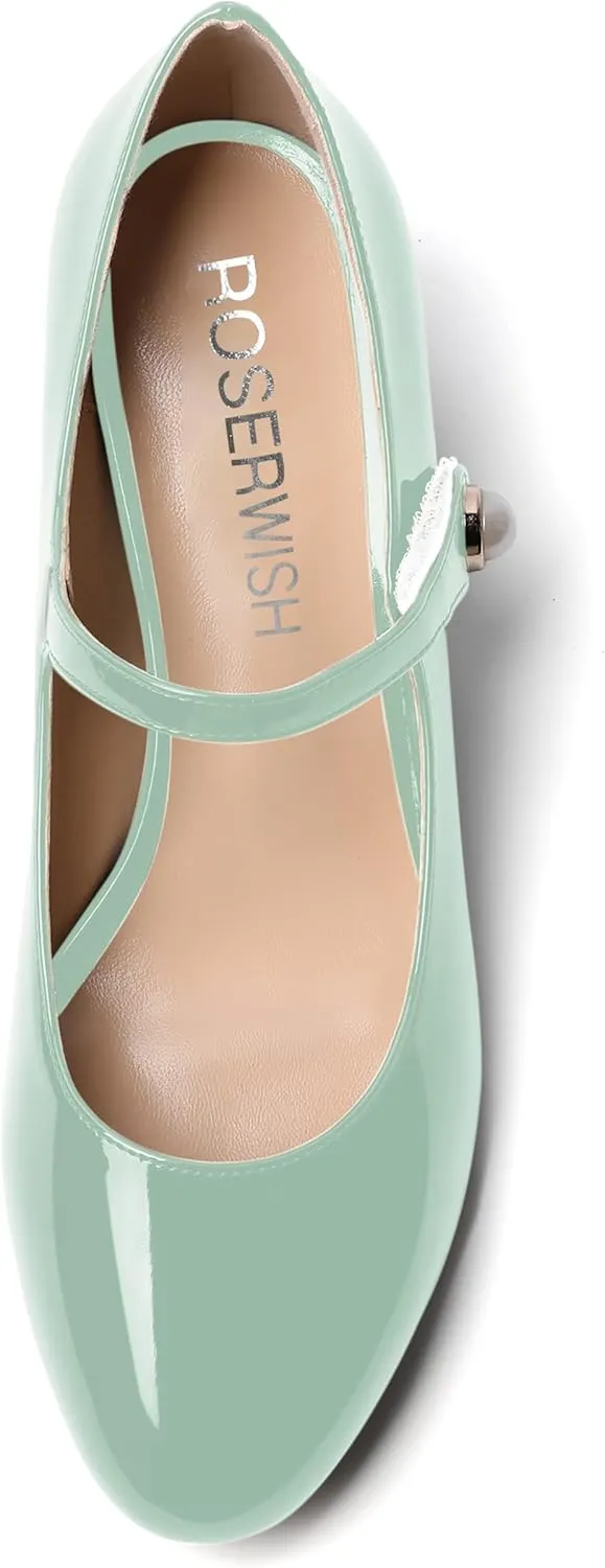 ROSERWISH Womens Strap Patent Ankle Strap Uniform Cute Round Toe Chunky Low Heel Pumps Shoes 2 Inch