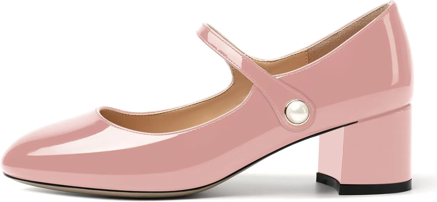 ROSERWISH Womens Strap Patent Ankle Strap Uniform Cute Round Toe Chunky Low Heel Pumps Shoes 2 Inch